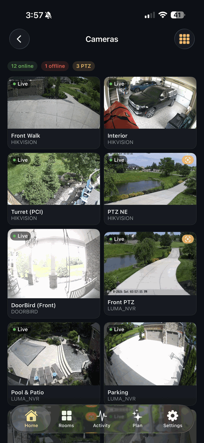 HearthPilot Cameras dashboard — a grid of live tiles for Hikvision, DoorBird, and Luma NVR cameras with PTZ controls